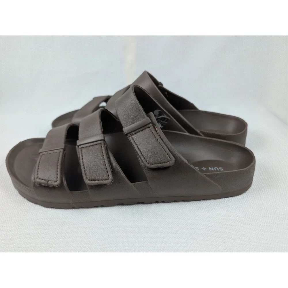 Sun + Stone Mens Bowie Brown Triple Strap Adjustable Slide Sandals Size 13‎